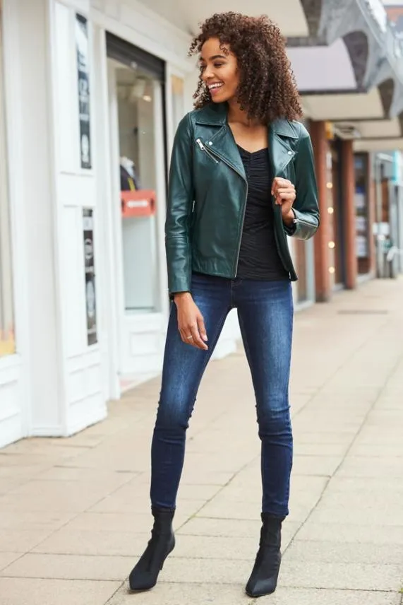 Sosandar Dark Green Leather Biker Jacket Dark Green Women Jackets and Coats