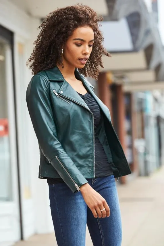 Sosandar Dark Green Leather Biker Jacket Dark Green Women Jackets and Coats