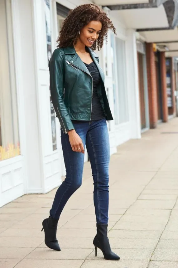 Sosandar Dark Green Leather Biker Jacket Dark Green Women Jackets and Coats