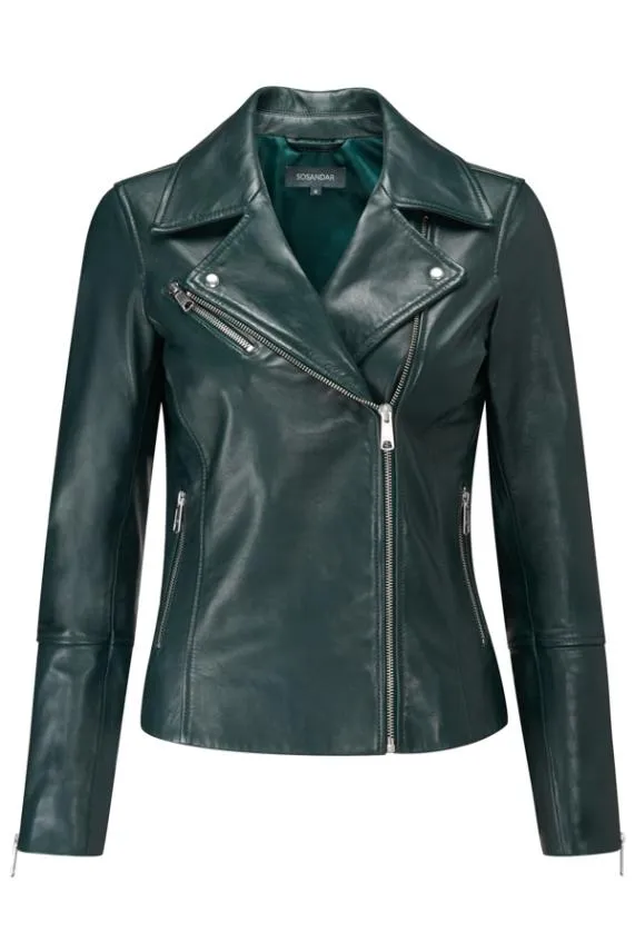 Sosandar Dark Green Leather Biker Jacket Dark Green Women Jackets and Coats