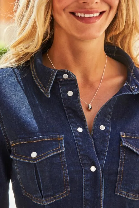 Sosandar Dark Indigo Popper Front Denim Shirt Dress Dark Indigo Women Dresses