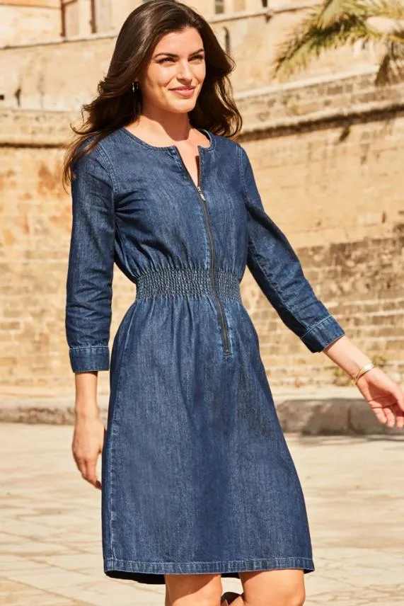 Sosandar Dark Indigo Zip Front Shirred Waist Denim Dress Dark Indigo Women Dresses Sosandar Dark Indigo Zip Front Shirred Waist Denim Dress Dark Indigo Women Dresses