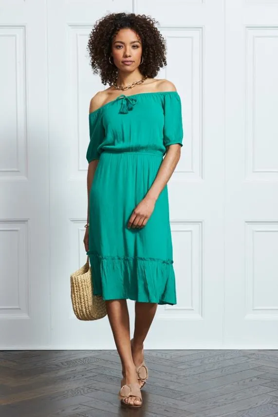 Sosandar Emerald Green Stretch Waist Ruffle Hem Bardot Dress Green Women Dresses