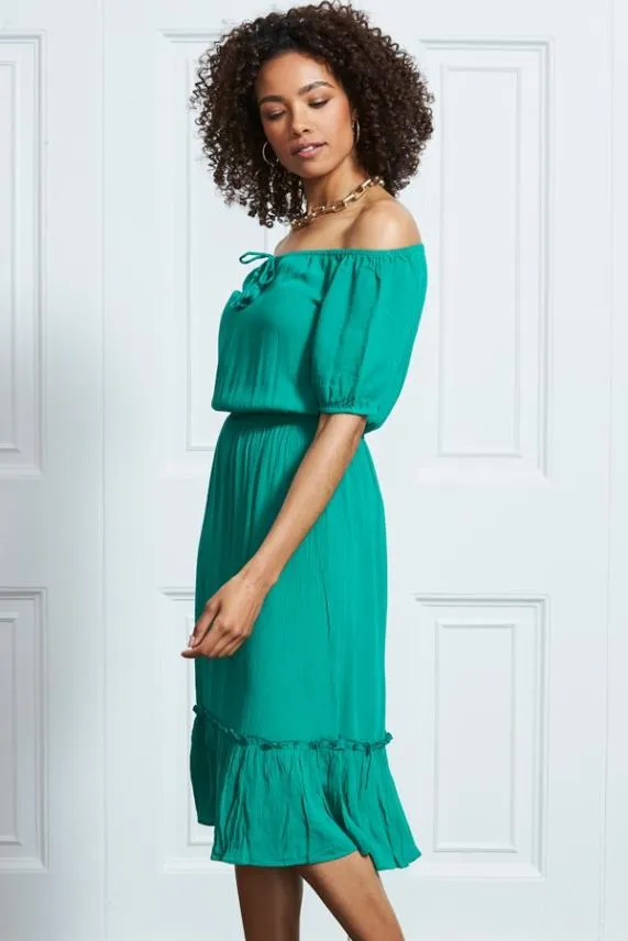 Sosandar Emerald Green Stretch Waist Ruffle Hem Bardot Dress Green Women Dresses