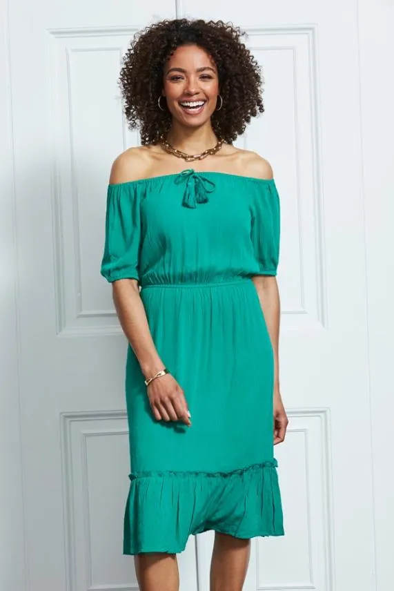 Sosandar Emerald Green Stretch Waist Ruffle Hem Bardot Dress Green Women Dresses