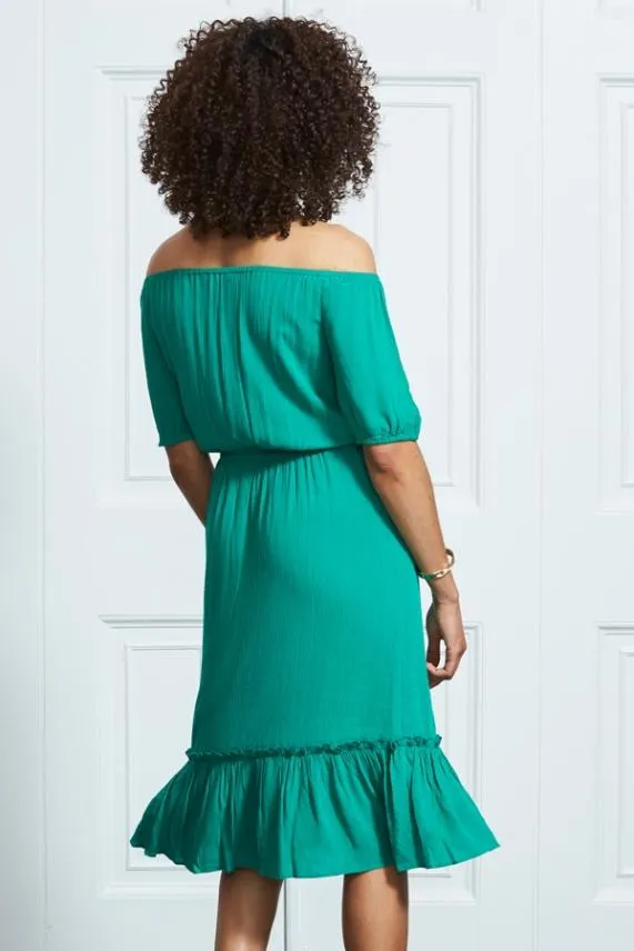 Sosandar Emerald Green Stretch Waist Ruffle Hem Bardot Dress Green Women Dresses