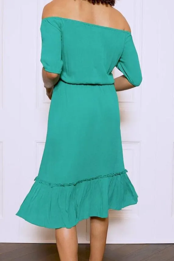Sosandar Emerald Green Stretch Waist Ruffle Hem Bardot Dress Green Women Dresses