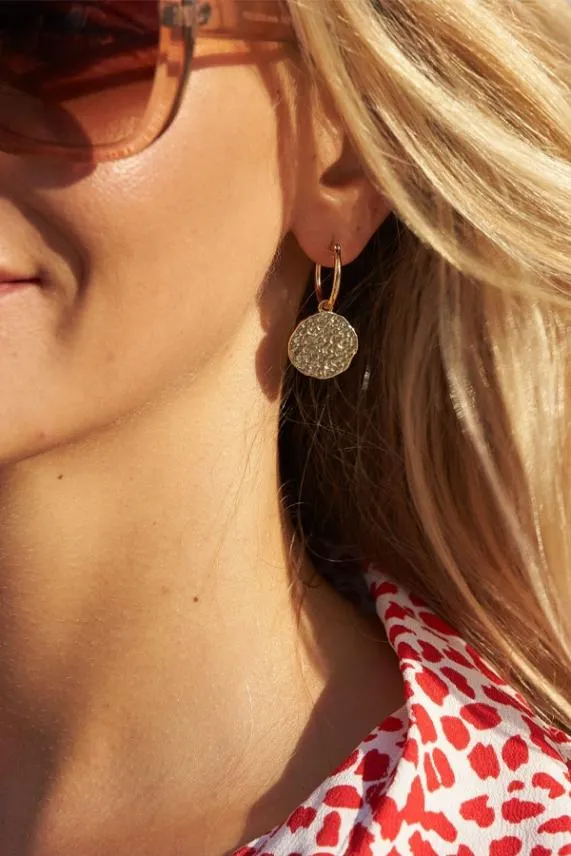 Sosandar Gold Plated Hammered Drop Earrings Women Jewellery