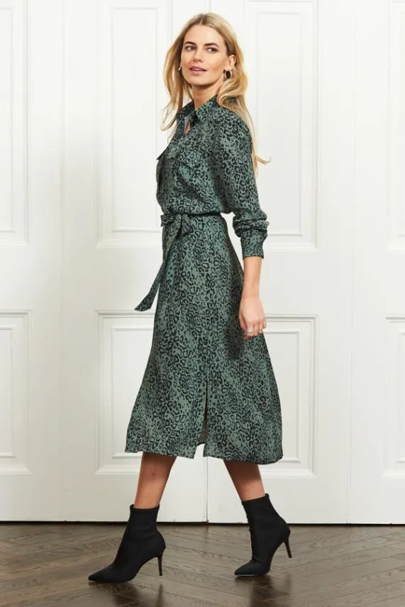 Sosandar Green and Black Animal Print Belted Shirt Dress Green Black Women Dresses Sosandar Green and Black Animal Print Belted Shirt Dress Green Black Women Dresses