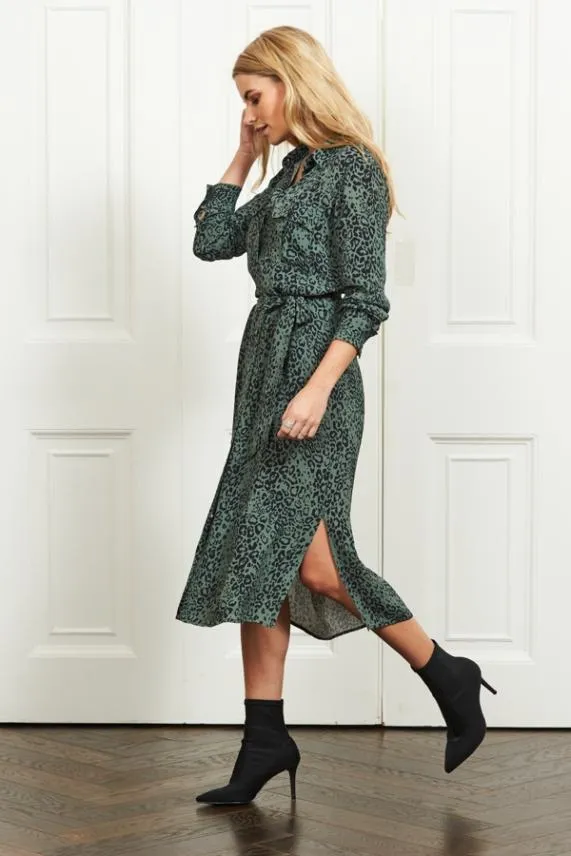 Sosandar Green and Black Animal Print Belted Shirt Dress Green Black Women Dresses