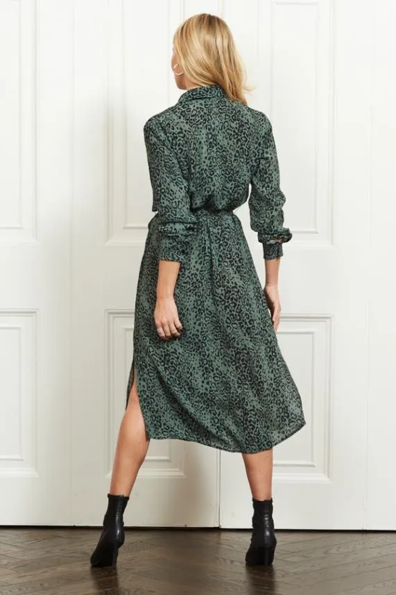 Sosandar Green and Black Animal Print Belted Shirt Dress Green Black Women Dresses