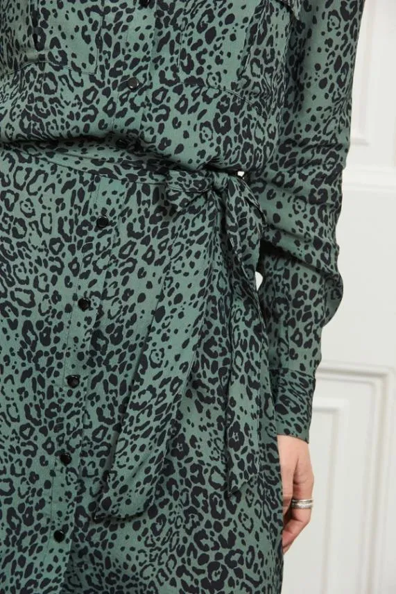 Sosandar Green and Black Animal Print Belted Shirt Dress Green Black Women Dresses