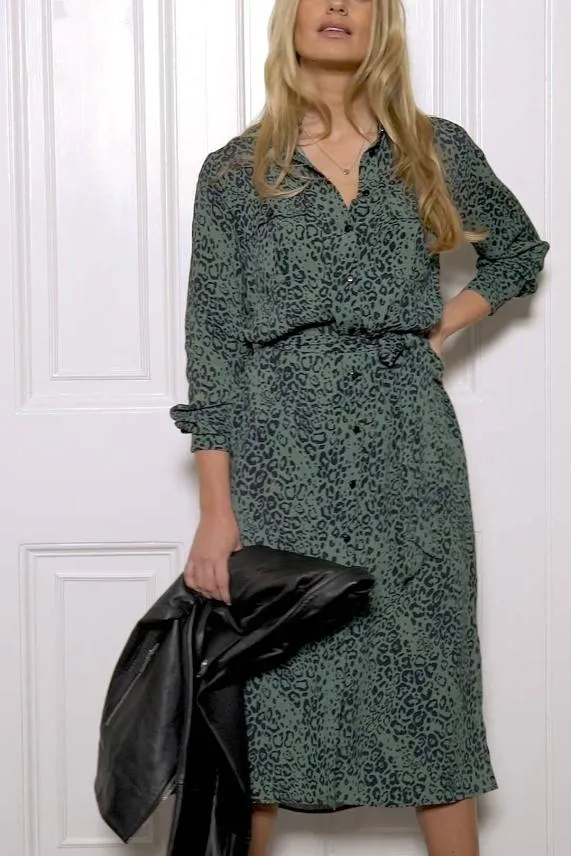 Sosandar Green and Black Animal Print Belted Shirt Dress Green Black Women Dresses