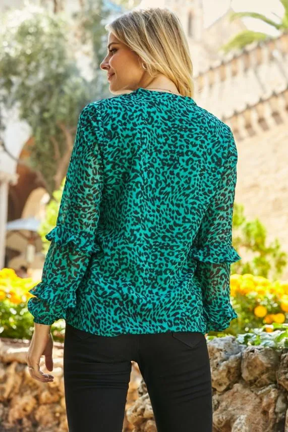Sosandar Green and Black Animal Print Ruffle Sleeve Top Green Black Women Tops