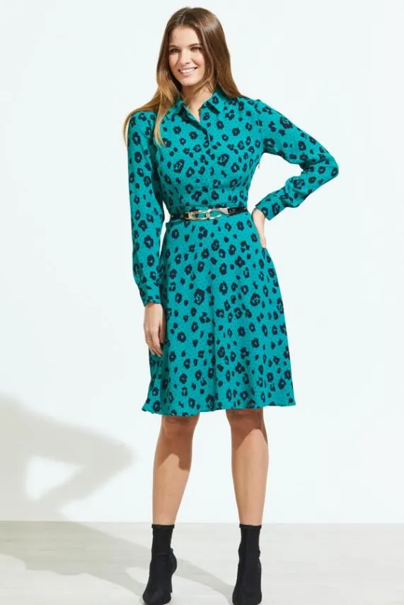 Sosandar Green and Black Leopard Print Fit and Flare Shirt Dress Green Black Women Dresses