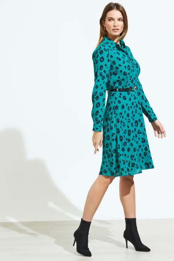 Sosandar Green and Black Leopard Print Fit and Flare Shirt Dress Green Black Women Dresses