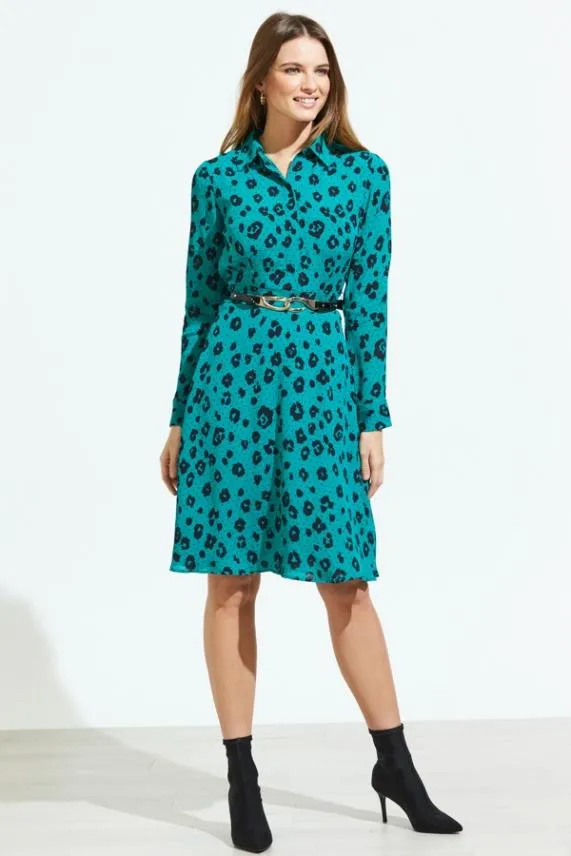 Sosandar Green and Black Leopard Print Fit and Flare Shirt Dress Green Black Women Dresses