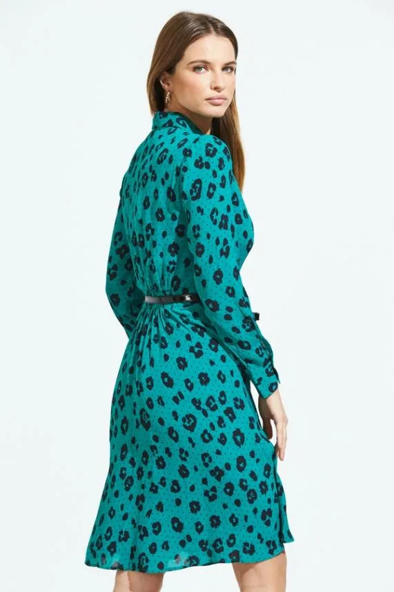 Sosandar Green and Black Leopard Print Fit and Flare Shirt Dress Green Black Women Dresses