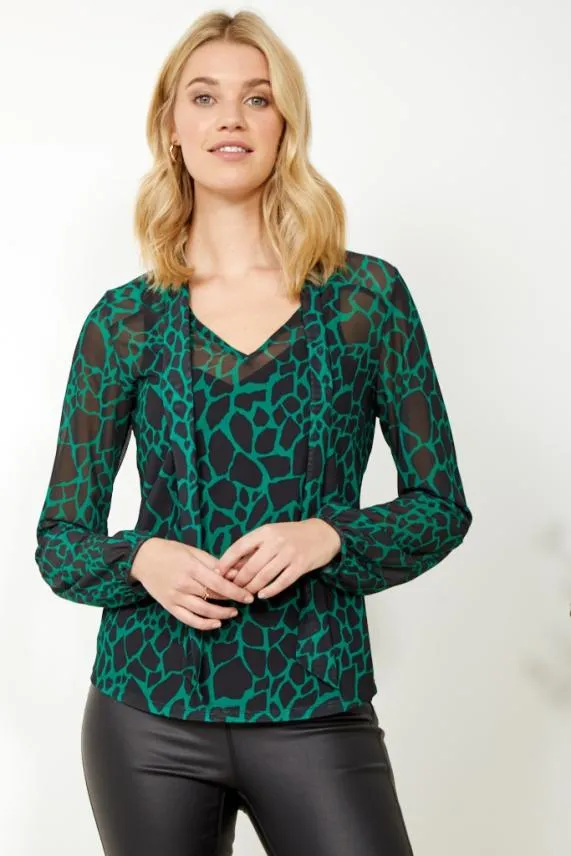 Sosandar Green and Black Morocco Print Tie Neck Detail Top Green Black Women Tops Sosandar Green and Black Morocco Print Tie Neck Detail Top Green Black Women Tops