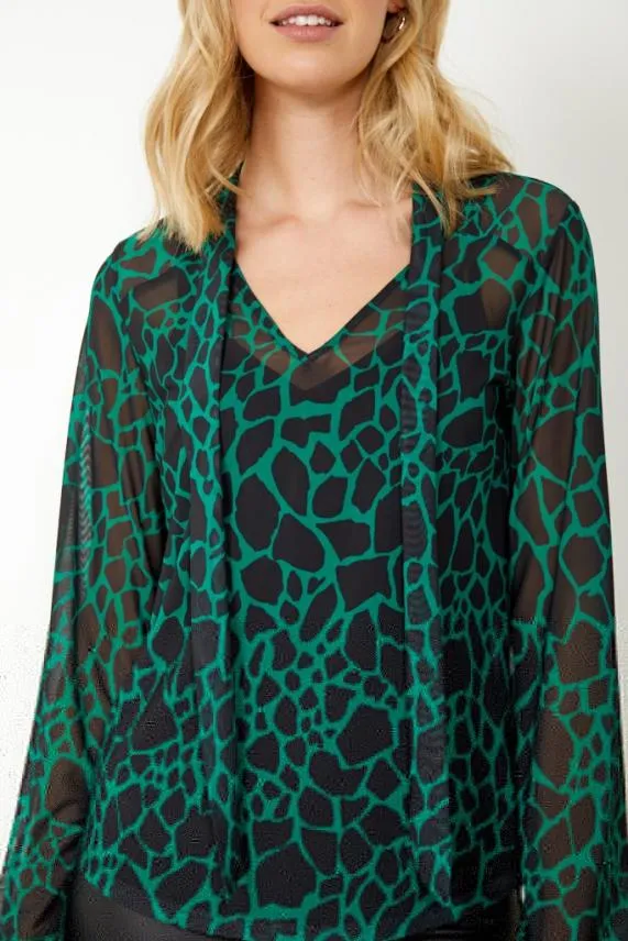 Sosandar Green and Black Morocco Print Tie Neck Detail Top Green Black Women Tops