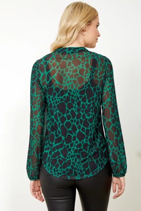 Sosandar Green and Black Morocco Print Tie Neck Detail Top Green Black Women Tops