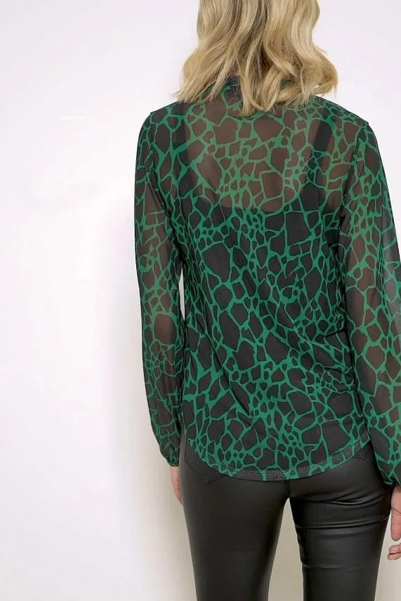 Sosandar Green and Black Morocco Print Tie Neck Detail Top Green Black Women Tops