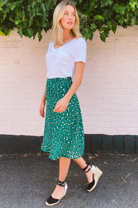 Sosandar Green Leopard Print A Line Midi Skirt Green Women Skirts