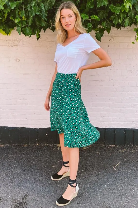 Sosandar Green Leopard Print A Line Midi Skirt Green Women Skirts