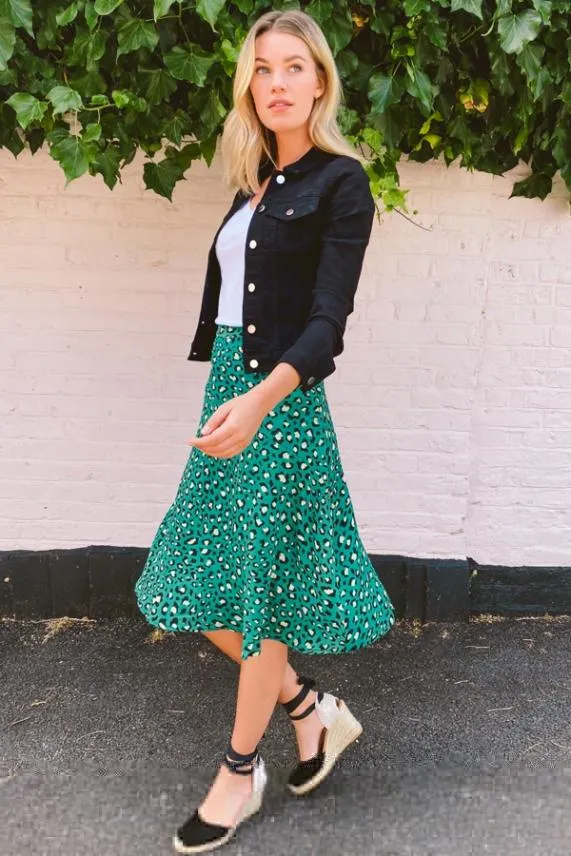 Sosandar Green Leopard Print A Line Midi Skirt Green Women Skirts