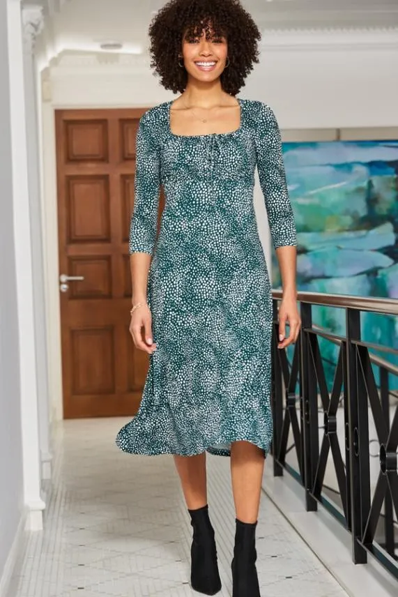 Sosandar Green Spot Print Ruched Neck Midi Dress Green Women Dresses