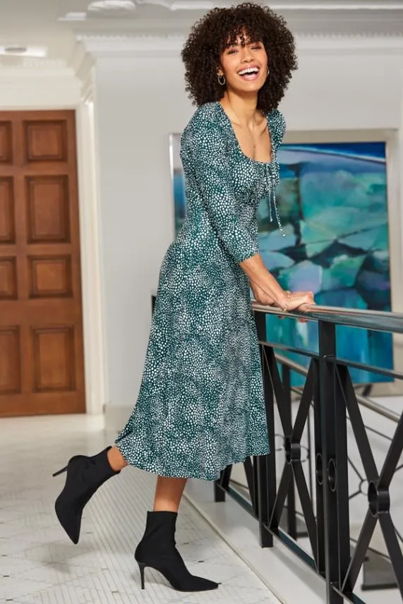 Sosandar Green Spot Print Ruched Neck Midi Dress Green Women Dresses