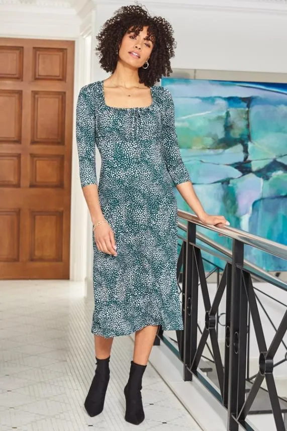 Sosandar Green Spot Print Ruched Neck Midi Dress Green Women Dresses