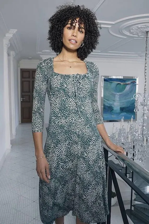 Sosandar Green Spot Print Ruched Neck Midi Dress Green Women Dresses