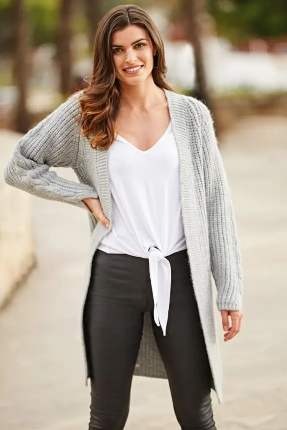 Sosandar Grey Chunky Knit Longline Cardigan Grey Women Knitwear