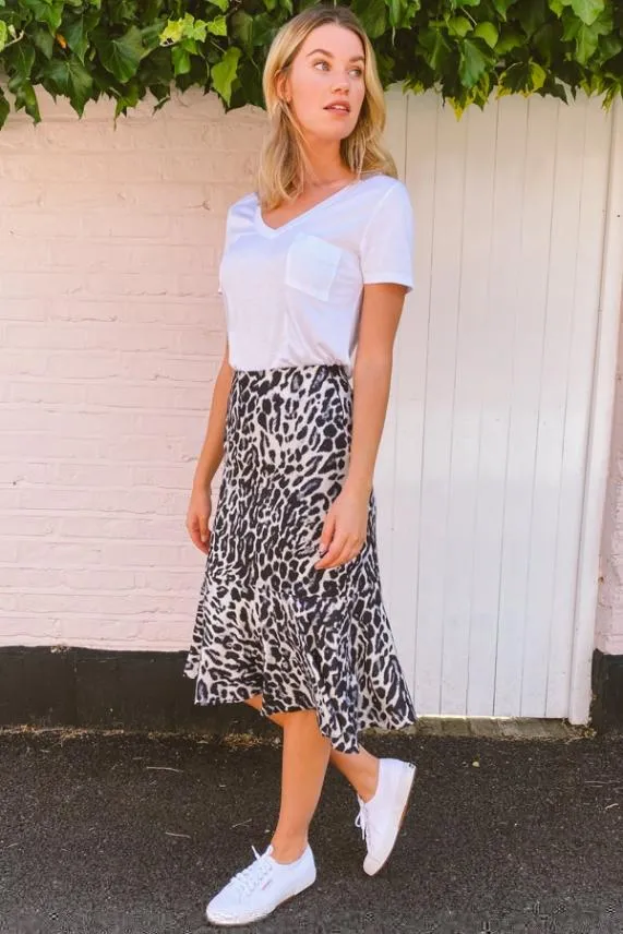 Sosandar Grey Leopard Print Flared Hem Midi Skirt Grey Women Skirts