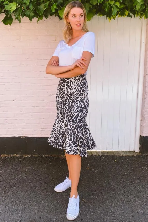 Sosandar Grey Leopard Print Flared Hem Midi Skirt Grey Women Skirts