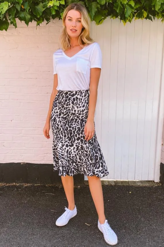 Sosandar Grey Leopard Print Flared Hem Midi Skirt Grey Women Skirts