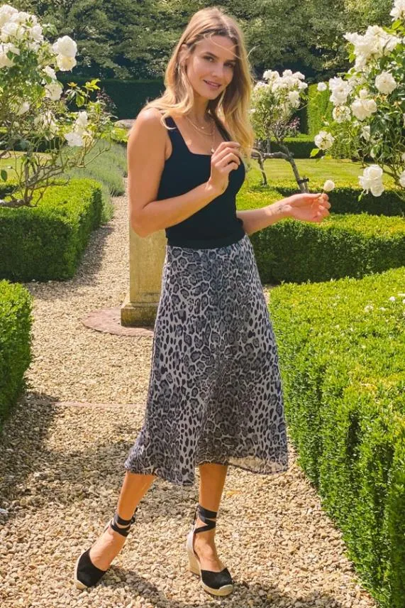 Sosandar Grey Leopard Print Midi Skirt Grey Women Skirts