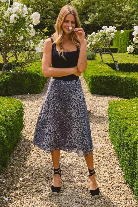 Sosandar Grey Leopard Print Midi Skirt Grey Women Skirts