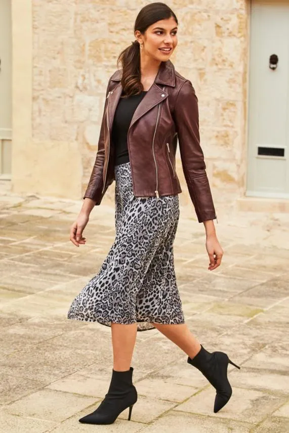 Sosandar Grey Leopard Print Midi Skirt Grey Women Skirts