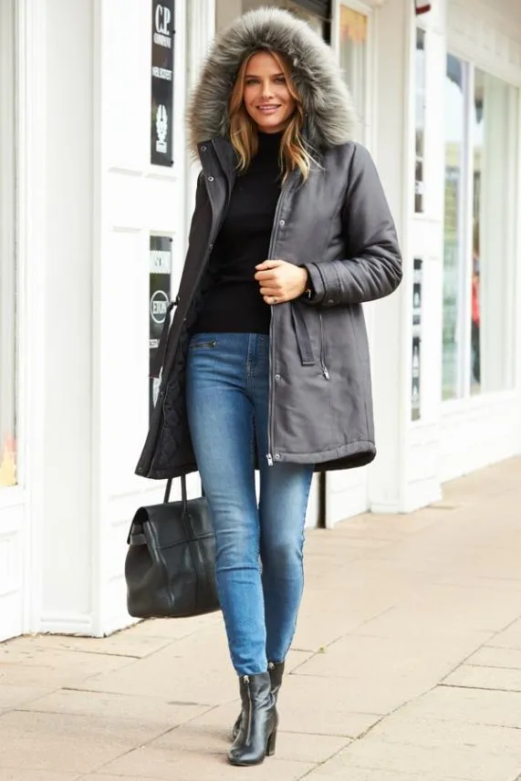 Sosandar Grey Luxe Faux Fur Hooded Parka Coat Grey Women Jackets and Coats