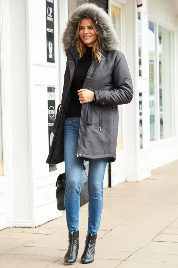 Sosandar Grey Luxe Faux Fur Hooded Parka Coat Grey Women Jackets and Coats