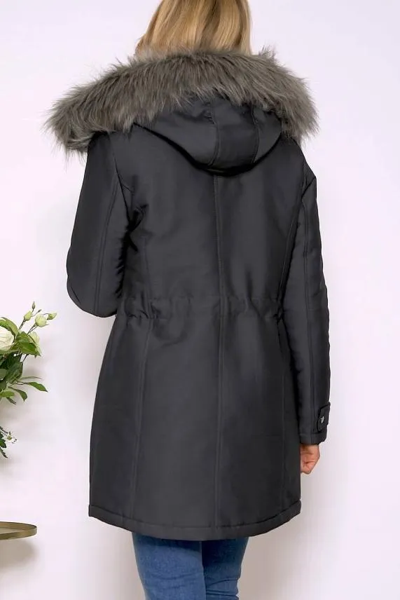 Sosandar Grey Luxe Faux Fur Hooded Parka Coat Grey Women Jackets and Coats
