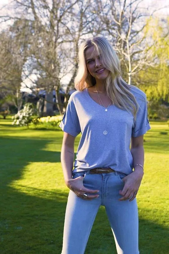 Sosandar Grey Marl Button Shoulder Detail T Shirt Grey Women Loungewear