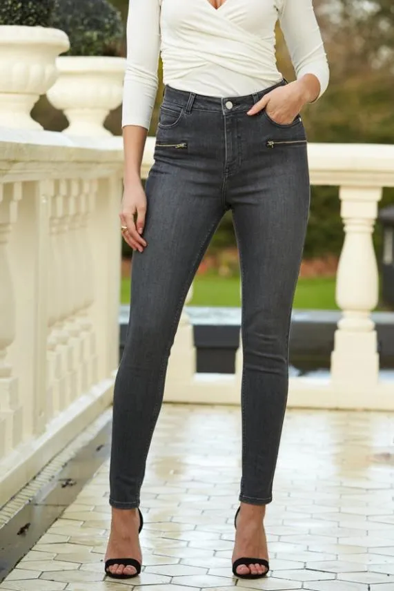 Sosandar Grey Zip Detail Skinny Biker Jeans Grey Women Jeans and Jeggings
