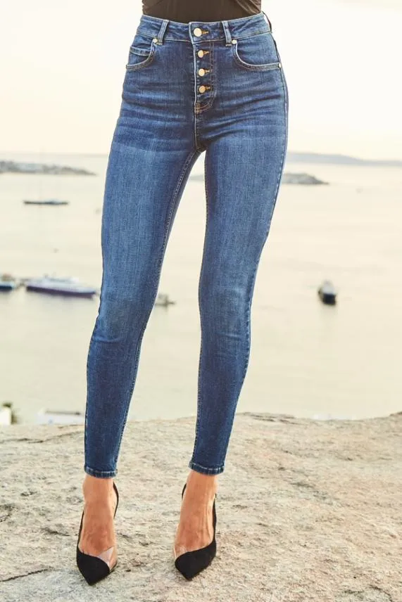 Sosandar Indigo Blue Button Front Skinny Jeans Indigo Blue Women Jeans and Jeggings