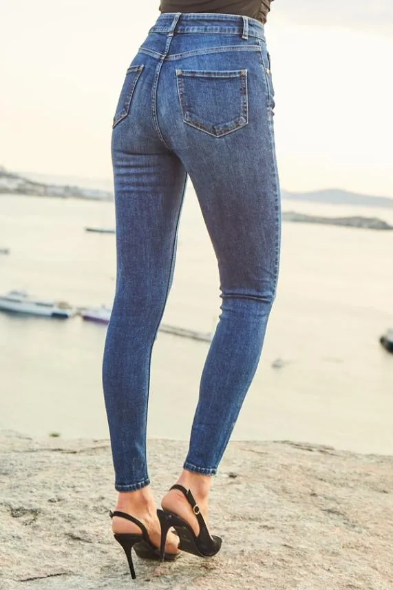 Sosandar Indigo Blue Button Front Skinny Jeans Indigo Blue Women Jeans and Jeggings