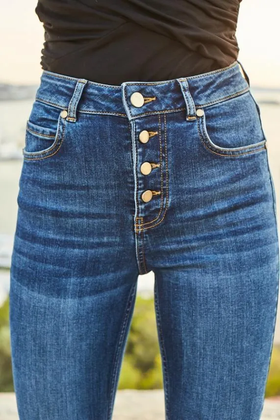 Sosandar Indigo Blue Button Front Skinny Jeans Indigo Blue Women Jeans and Jeggings