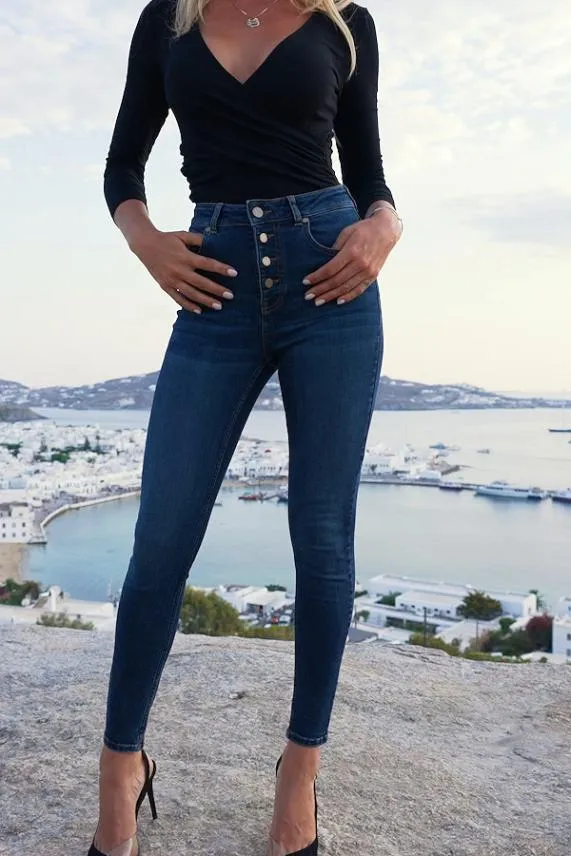 Sosandar Indigo Blue Button Front Skinny Jeans Indigo Blue Women Jeans and Jeggings