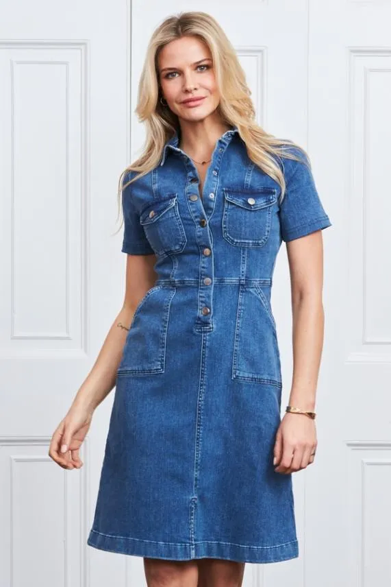 Sosandar Indigo Blue Popper Front Short Sleeve Stretch Denim Dress Indigo Blue Women Dresses Sosandar Indigo Blue Popper Front Short Sleeve Stretch Denim Dress Indigo Blue Women Dresses